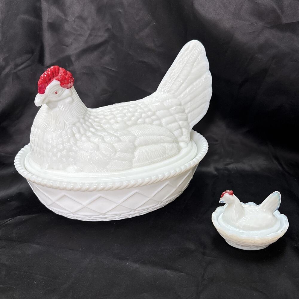 2 Westmoreland Glass Chicken Hen on Nest Covered BowlLid Red Comb Large & Small